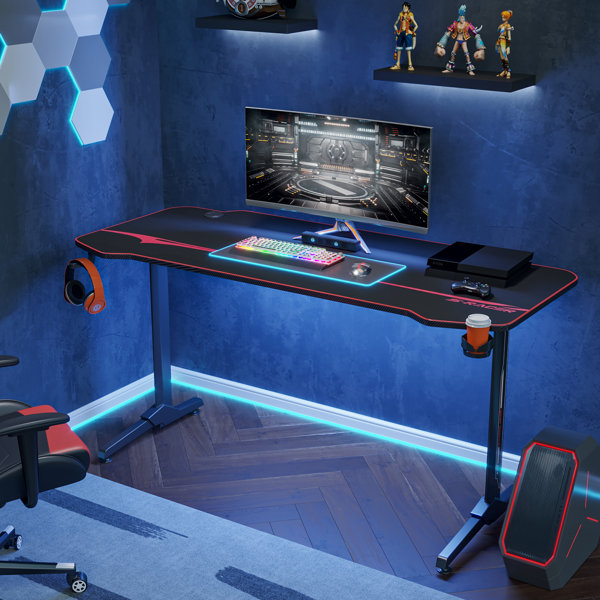 Inbox Zero Gaming Computer Desk with Mouse Pad, Cup Holder, Headphone